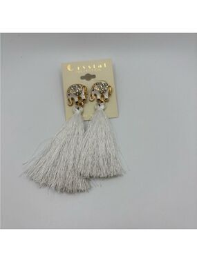 Crystal Collection Elephant Gold and White Tassel Earrings